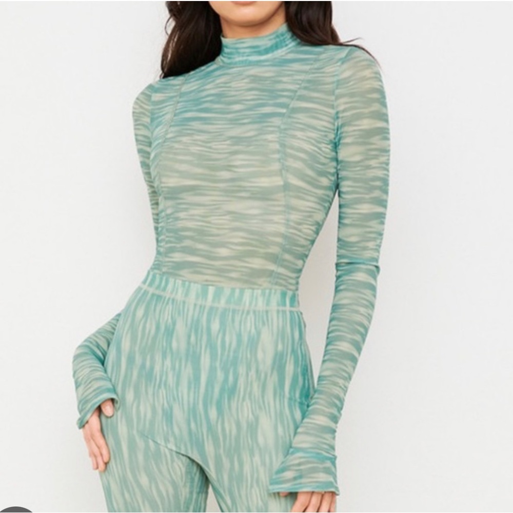 House of CB Seafoam Wave-Print Long Sleeve Mesh Bodysuit